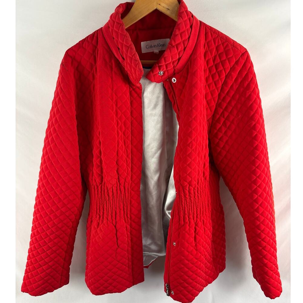 Calvin Klein Red Quilted Cinched Waist Coat Size Large